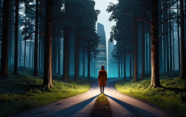 **
A person standing at a crossroads, one path brightly lit and leading to a modern skyscraper, the other dimly lit and winding into a dark forest. The person is thoughtfully considering which path to take, symbolizing the choice between a safe, known path and a risky, uncertain one. Style: Realistic, slightly dramatic lighting.
**