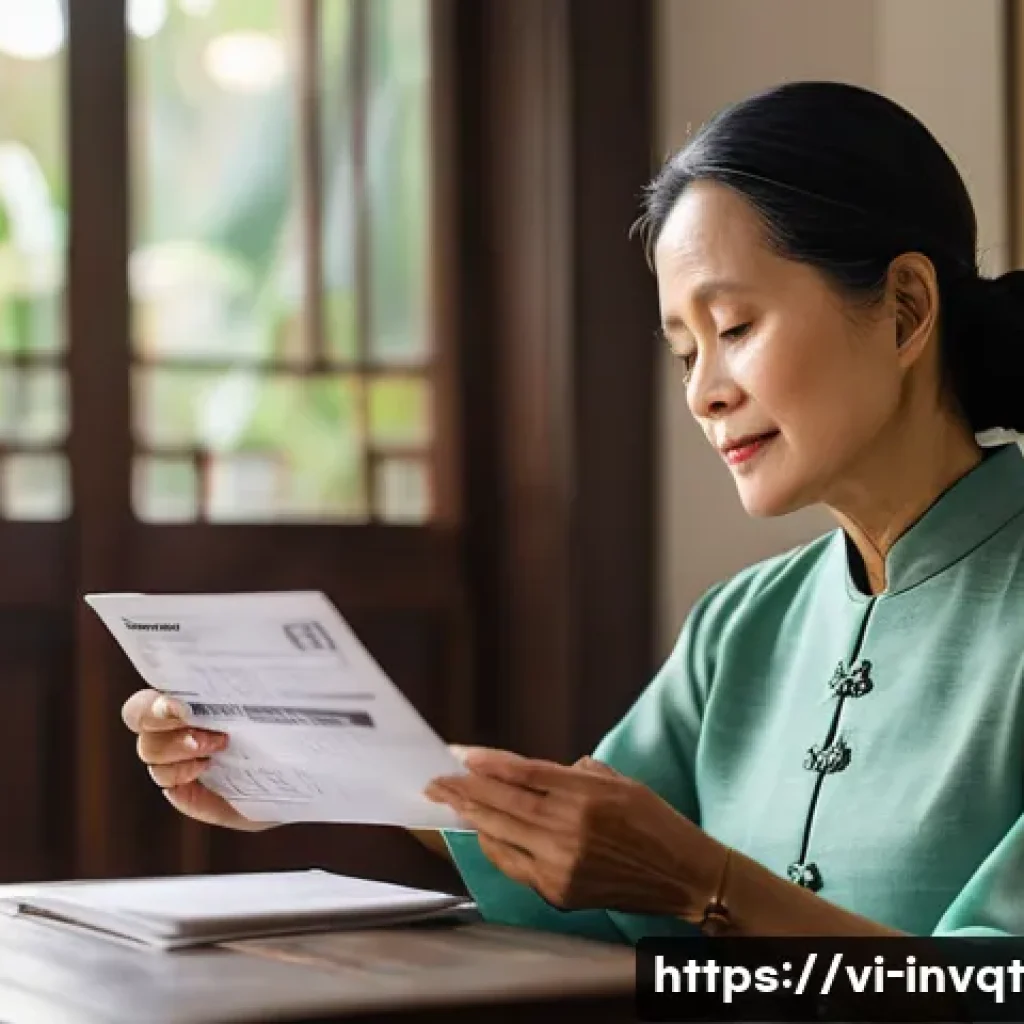 리스크 성향 기반의 투자 성과 향상 방법 - A serene Vietnamese woman in her late 50s, wearing comfortable, modest traditional clothing, sits ca...
