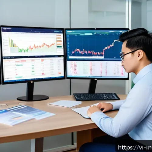Home 32 리스크와 수익 균형 찾기 - A modern Vietnamese investor sitting at a sleek desk with multiple digital screens displaying stock ...