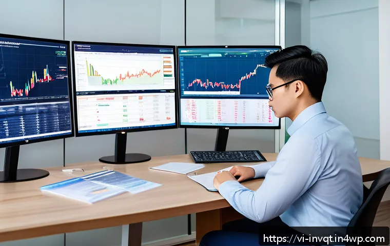 리스크와 수익 균형 찾기 - A modern Vietnamese investor sitting at a sleek desk with multiple digital screens displaying stock ...