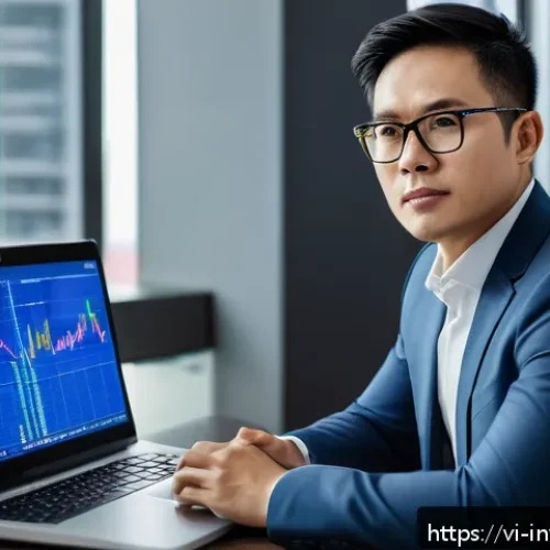 Home 31 리스크 성향에 따른 고객 맞춤형 리서치 - A professional Vietnamese financial advisor sitting at a modern office desk with a laptop and digita...
