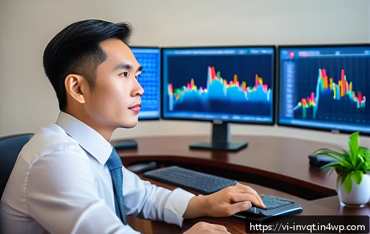 리스크 성향에 따라 조정하는 투자 원칙 - A professional Vietnamese investor in modern business casual attire, sitting confidently at a sleek ...