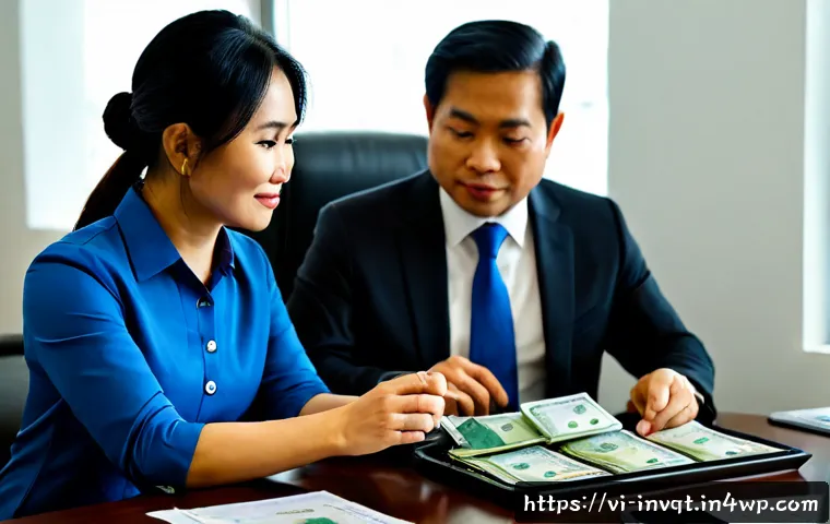 Home 17 리스크 성향별 시장 환경 분석 - Photorealistic Vietnamese financial advisor and middle-aged Vietnamese couple reviewing a conservati...